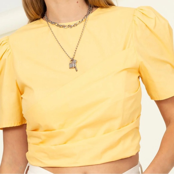 Short Sleeve Cross Front Tie Back Crop Top Yellow - Picture 2 of 3
